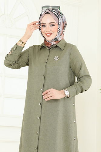 moda selvim Yırtmaç Düğmeli Tesettür Kombin 23014UKB139 Çağla - Thumbnail