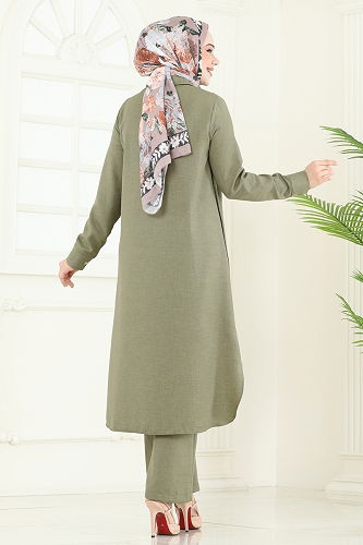 moda selvim Yırtmaç Düğmeli Tesettür Kombin 23014UKB139 Çağla - Thumbnail