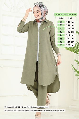 moda selvim Yırtmaç Düğmeli Tesettür Kombin 23014UKB139 Çağla - Thumbnail