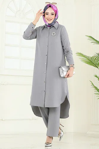 moda selvim Yırtmaç Düğmeli Tesettür Kombin 23014UKB139 Gri - Thumbnail
