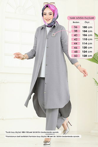 moda selvim Yırtmaç Düğmeli Tesettür Kombin 23014UKB139 Gri - Thumbnail