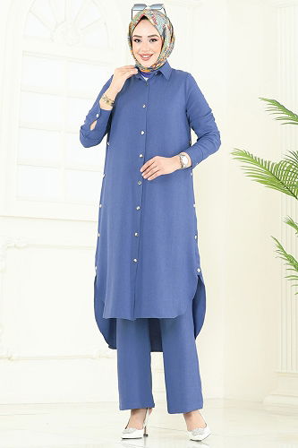 moda selvim Yırtmaç Düğmeli Tesettür Kombin 23014UKB139 İndigo - Thumbnail