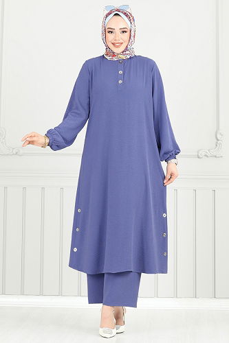 moda selvim Yırtmaç Düğmeli Tesettür Takım 015MR1078 Açık İndigo - Thumbnail