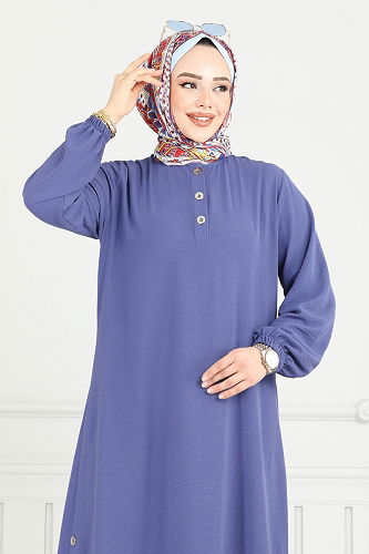 moda selvim Yırtmaç Düğmeli Tesettür Takım 015MR1078 Açık İndigo - Thumbnail