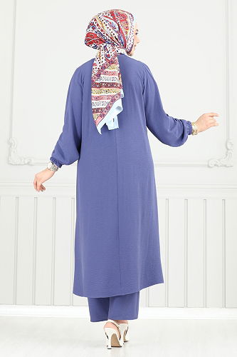 moda selvim Yırtmaç Düğmeli Tesettür Takım 015MR1078 Açık İndigo - Thumbnail