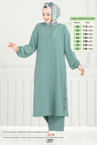 moda selvim Yırtmaç Düğmeli Tesettür Takım 015MR1078 Açık Mint - Thumbnail