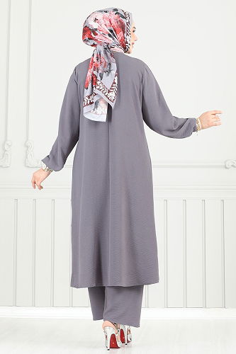 moda selvim Yırtmaç Düğmeli Tesettür Takım 015MR1078 Antrasit - Thumbnail