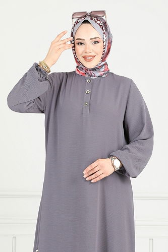 moda selvim Yırtmaç Düğmeli Tesettür Takım 015MR1078 Antrasit - Thumbnail