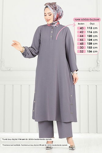 moda selvim Yırtmaç Düğmeli Tesettür Takım 015MR1078 Antrasit - Thumbnail