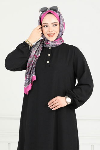 moda selvim Yırtmaç Düğmeli Tesettür Takım 015MR1078 Siyah - Thumbnail