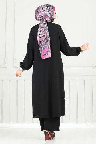 moda selvim Yırtmaç Düğmeli Tesettür Takım 015MR1078 Siyah - Thumbnail