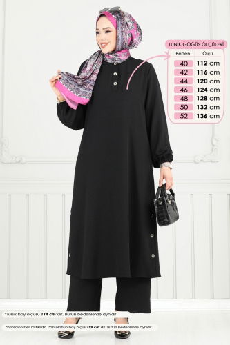 moda selvim Yırtmaç Düğmeli Tesettür Takım 015MR1078 Siyah - Thumbnail