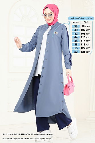 moda selvim Yırtmaç Düğmeli Tesettür Takım 2608SL432 Bebe Mavi&Laci - Thumbnail