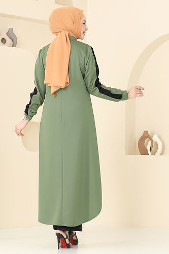 moda selvim Yırtmaç Düğmeli Tesettür Takım 2608SL432 Çağla&Siyah - Thumbnail