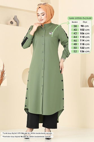 moda selvim Yırtmaç Düğmeli Tesettür Takım 2608SL432 Çağla&Siyah - Thumbnail