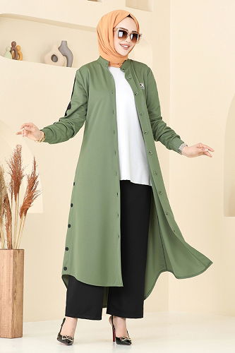 moda selvim Yırtmaç Düğmeli Tesettür Takım 2608SL432 Çağla&Siyah - Thumbnail