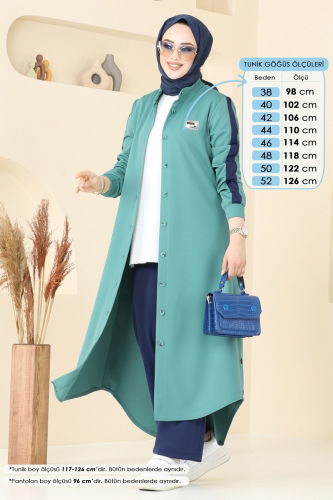 moda selvim Yırtmaç Düğmeli Tesettür Takım 2608SL432 Mint&Laci - Thumbnail
