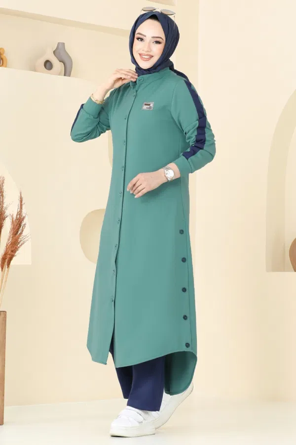 Modaselvim Kombin Yırtmaç Düğmeli Tesettür Takım 2608SL432 Mint&Laci