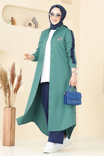 moda selvim Yırtmaç Düğmeli Tesettür Takım 2608SL432 Mint&Laci - Thumbnail