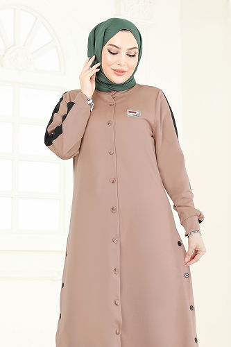 moda selvim Yırtmaç Düğmeli Tesettür Takım 2608SL432 Vizyon&Siyah - Thumbnail