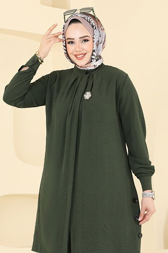 moda selvim Yırtmaç Düğmeli Tesettür Takım 3100HBS856 Haki - Thumbnail