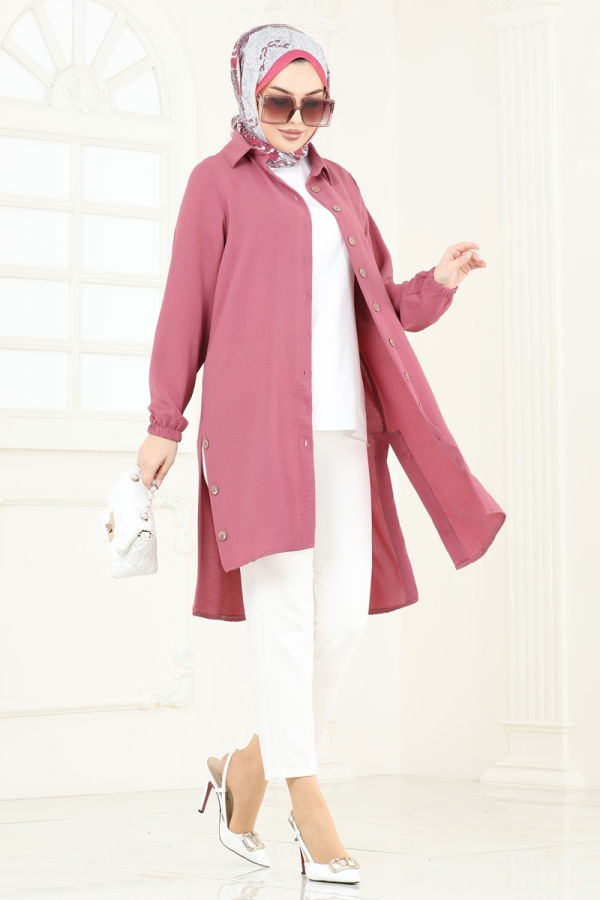 Modaselvim Tunik Yırtmaç Düğmeli Tesettür Tunik 008MR1078 Gül Kurusu