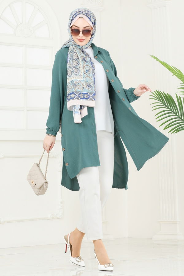 Modaselvim Tunik Yırtmaç Düğmeli Tesettür Tunik 008MR1078 Mint