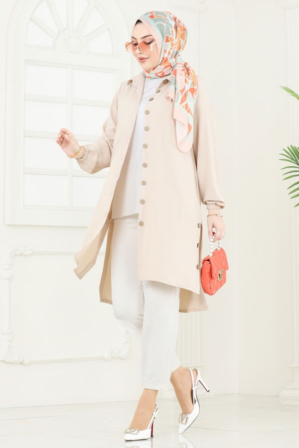Modaselvim Tunik Yırtmaç Düğmeli Tesettür Tunik 008MR1078 Taş