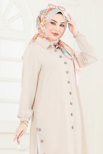 moda selvim Yırtmaç Düğmeli Tesettür Tunik 008MR1078 Taş - Thumbnail