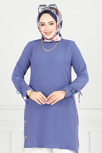 moda selvim Yırtmaç Düğmeli Tesettür Tunik 016MR1078 Açık İndigo - Thumbnail