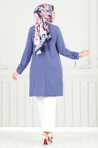 moda selvim Yırtmaç Düğmeli Tesettür Tunik 016MR1078 Açık İndigo - Thumbnail
