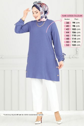 moda selvim Yırtmaç Düğmeli Tesettür Tunik 016MR1078 Açık İndigo - Thumbnail
