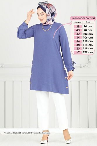 moda selvim Yırtmaç Düğmeli Tesettür Tunik 016MR1078 Açık İndigo - Thumbnail