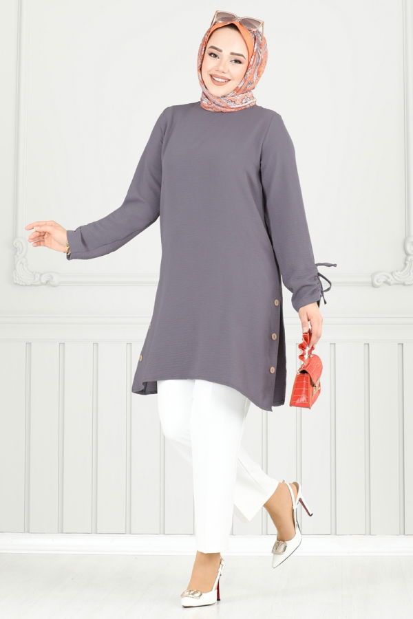 Modaselvim Tunik Yırtmaç Düğmeli Tesettür Tunik 016MR1078 Antrasit