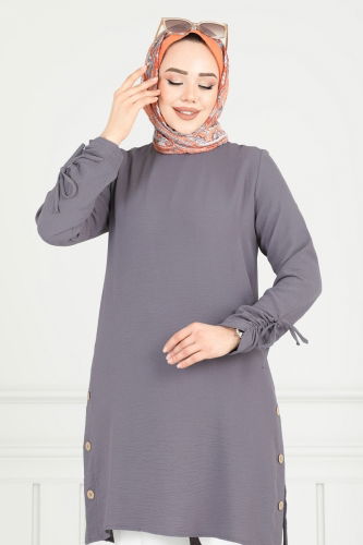moda selvim Yırtmaç Düğmeli Tesettür Tunik 016MR1078 Antrasit - Thumbnail