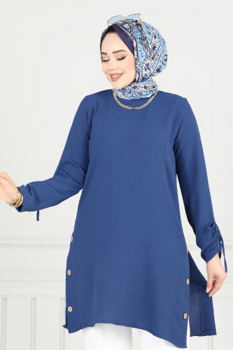 moda selvim Yırtmaç Düğmeli Tesettür Tunik 016MR1078 İndigo - Thumbnail