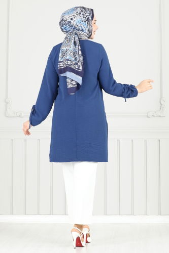 moda selvim Yırtmaç Düğmeli Tesettür Tunik 016MR1078 İndigo - Thumbnail