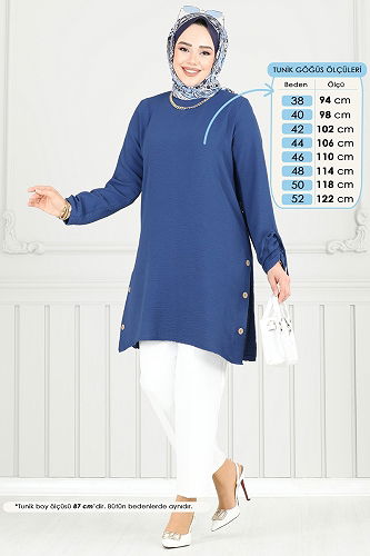 moda selvim Yırtmaç Düğmeli Tesettür Tunik 016MR1078 İndigo - Thumbnail