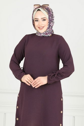 moda selvim Yırtmaç Düğmeli Tesettür Tunik 016MR1078 Koyu Lila - Thumbnail