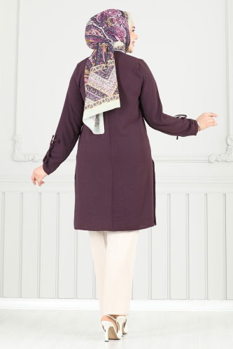 moda selvim Yırtmaç Düğmeli Tesettür Tunik 016MR1078 Koyu Lila - Thumbnail