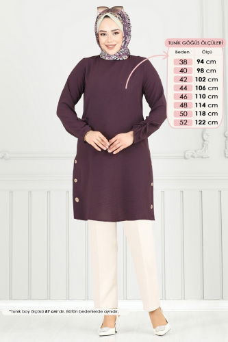 moda selvim Yırtmaç Düğmeli Tesettür Tunik 016MR1078 Koyu Lila - Thumbnail