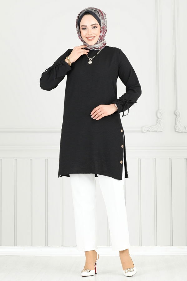 Modaselvim Tunik Yırtmaç Düğmeli Tesettür Tunik 016MR1078 Siyah