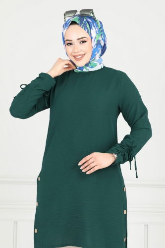 moda selvim Yırtmaç Düğmeli Tesettür Tunik 016MR1078 Zümrüt - Thumbnail