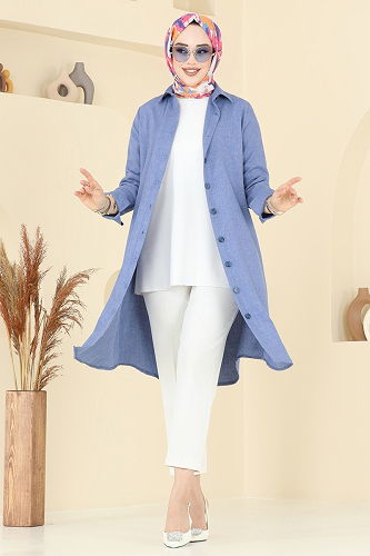 moda selvim Yırtmaç Düğmeli Tunik 3047KTR750 Açık İndigo - Thumbnail