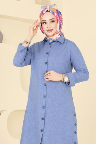 moda selvim Yırtmaç Düğmeli Tunik 3047KTR750 Açık İndigo - Thumbnail