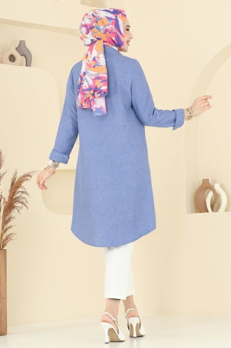 moda selvim Yırtmaç Düğmeli Tunik 3047KTR750 Açık İndigo - Thumbnail