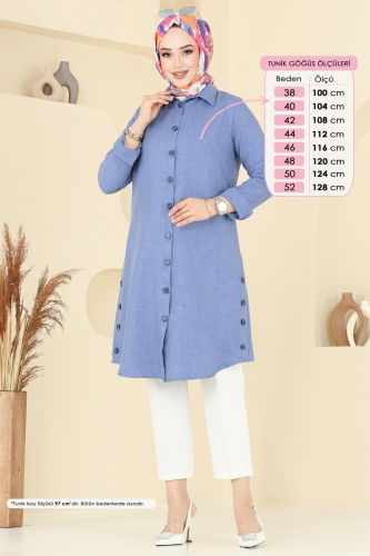 moda selvim Yırtmaç Düğmeli Tunik 3047KTR750 Açık İndigo - Thumbnail