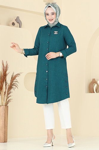 moda selvim Yırtmaç Düğmeli Tunik 3047KTR750 Açık Petrol - Thumbnail