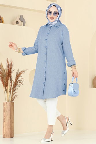 moda selvim Yırtmaç Düğmeli Tunik 3047KTR750 Bebe Mavisi - Thumbnail