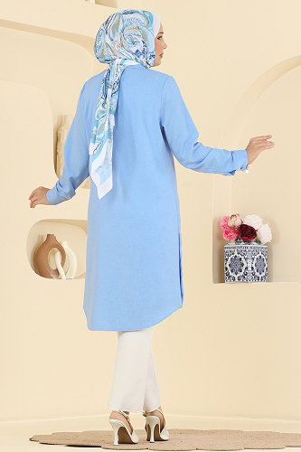 moda selvim Yırtmaç Düğmeli Tunik 3047KTR750 Bebe Mavisi - Thumbnail